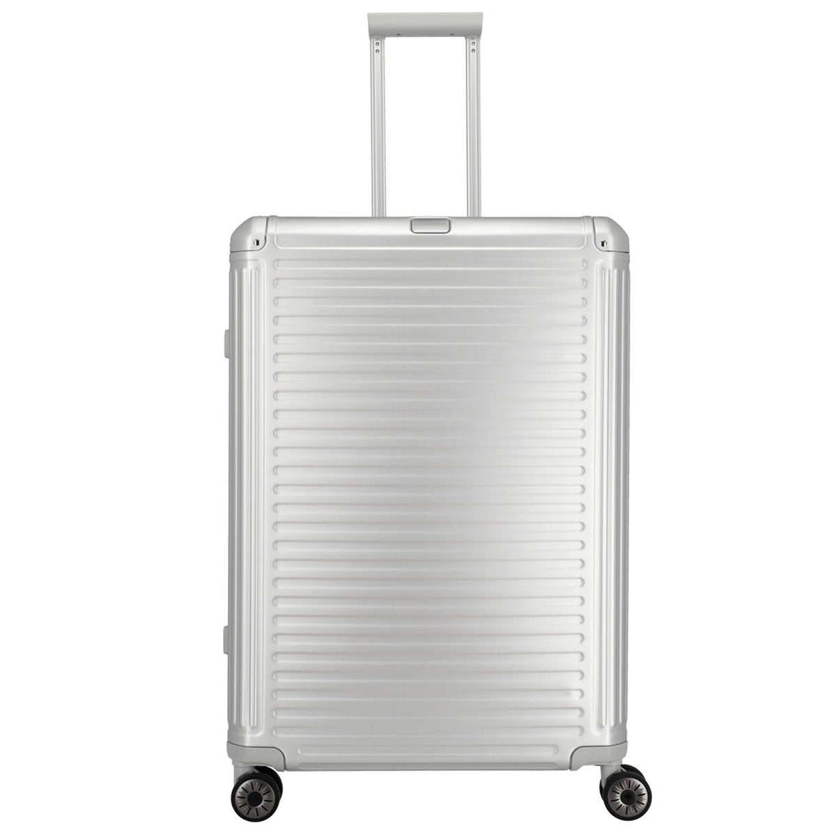 Frontansicht eines silbernen Aluminium Trolleys mit 4 leichtläufigen Doppelrollen