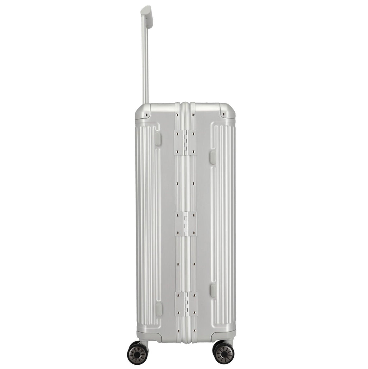 Seitenansicht von Travelite Next Aluminium Trolleys mit ausgezogenem Teleskopgestänge