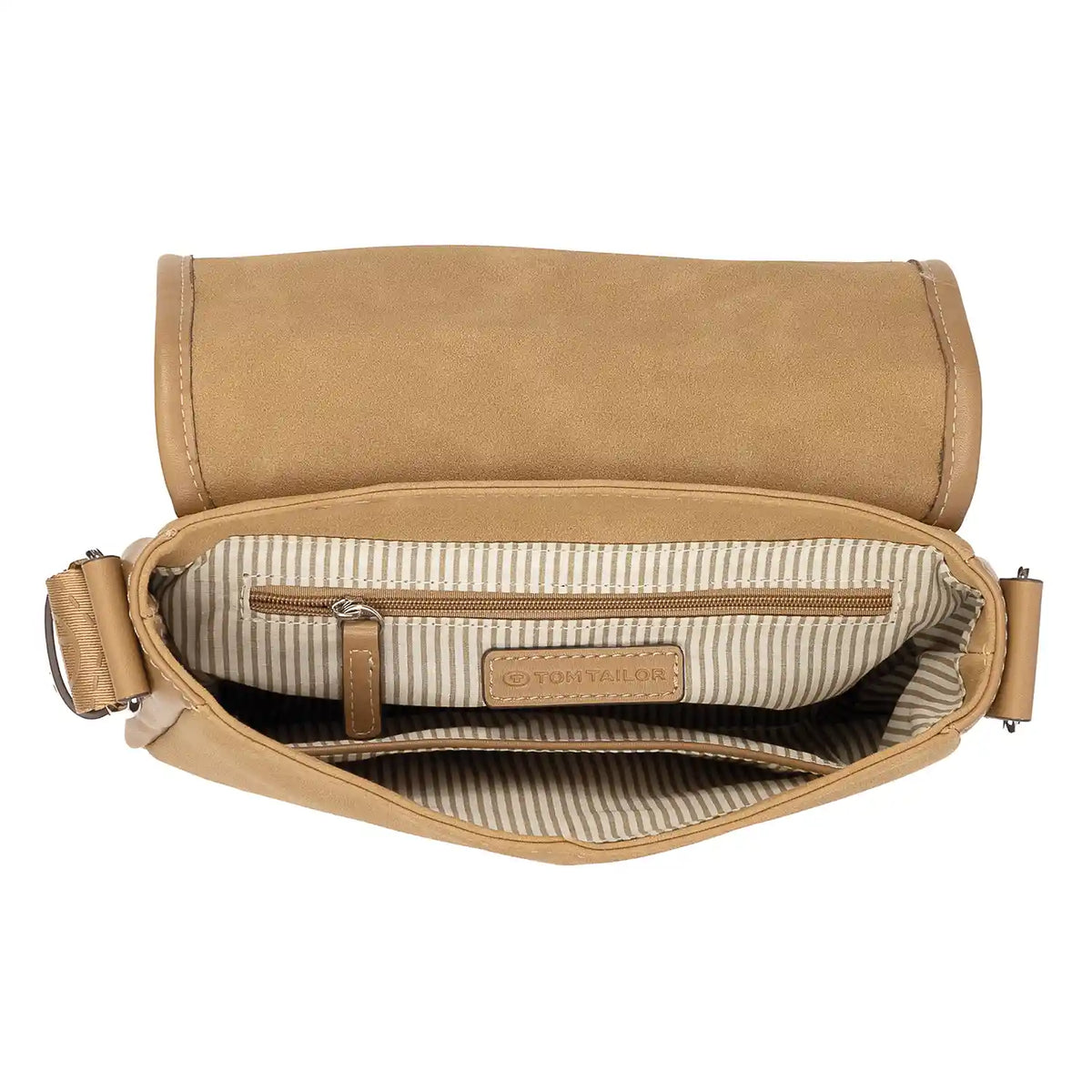 Innenansicht Camelfarbene Tom Tailor Yara Saddle Bag - Hauptfach mit Reißverschluss- und Steckfach