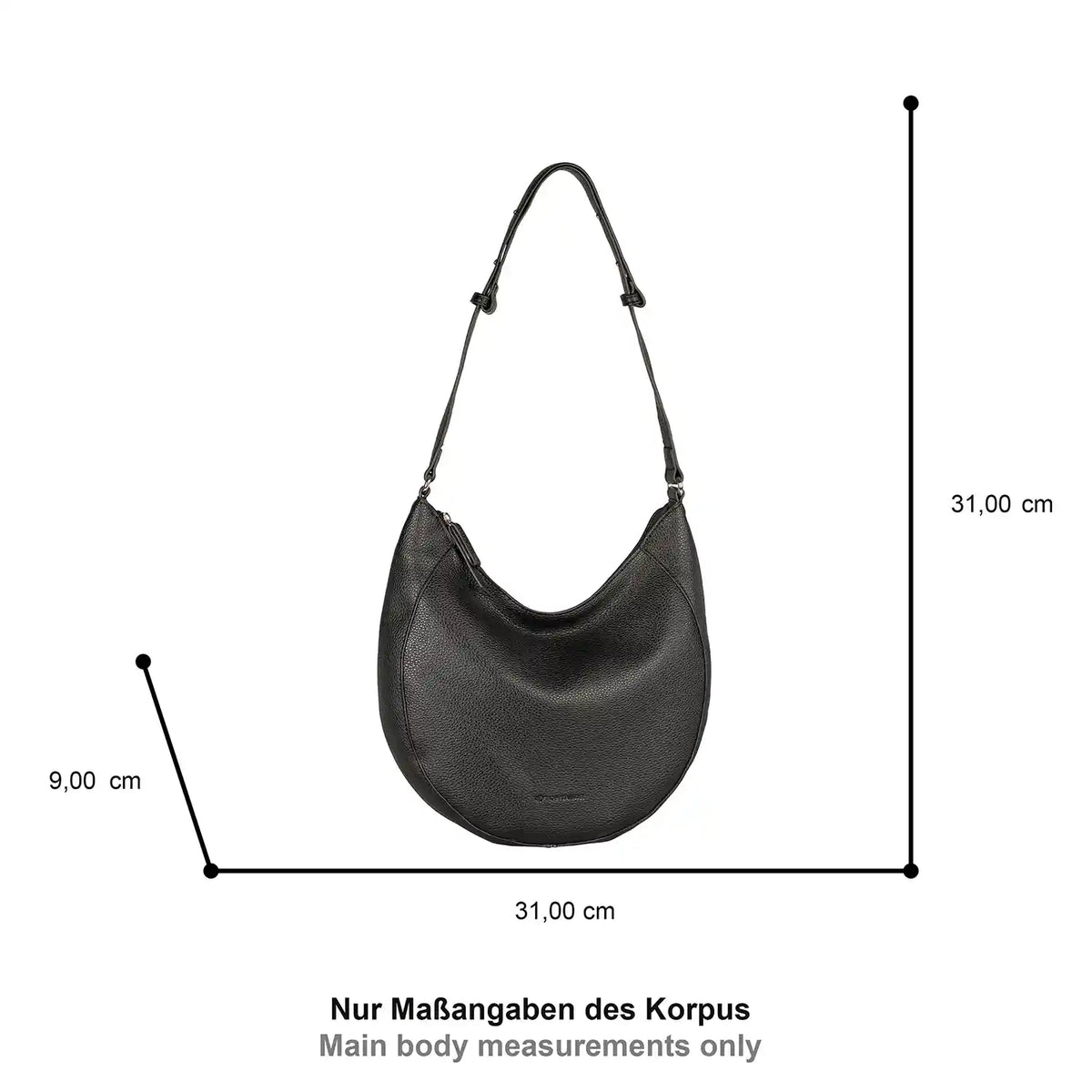 Tom Tailor Dahlia Hobo Bag M 31 cm Schwarz – Ansicht der Tasche mit Maßangaben des Korpus