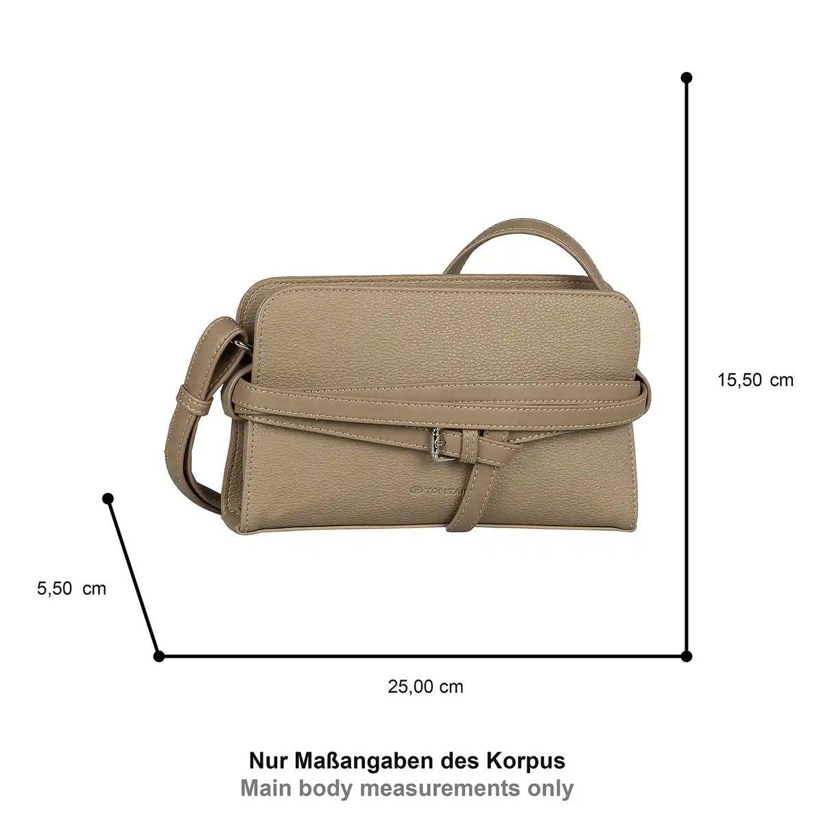 Verstellbarer Schulterriemen der Tom Tailor Freya Cross Bag S 25 cm Taupe für komfortables Tragen