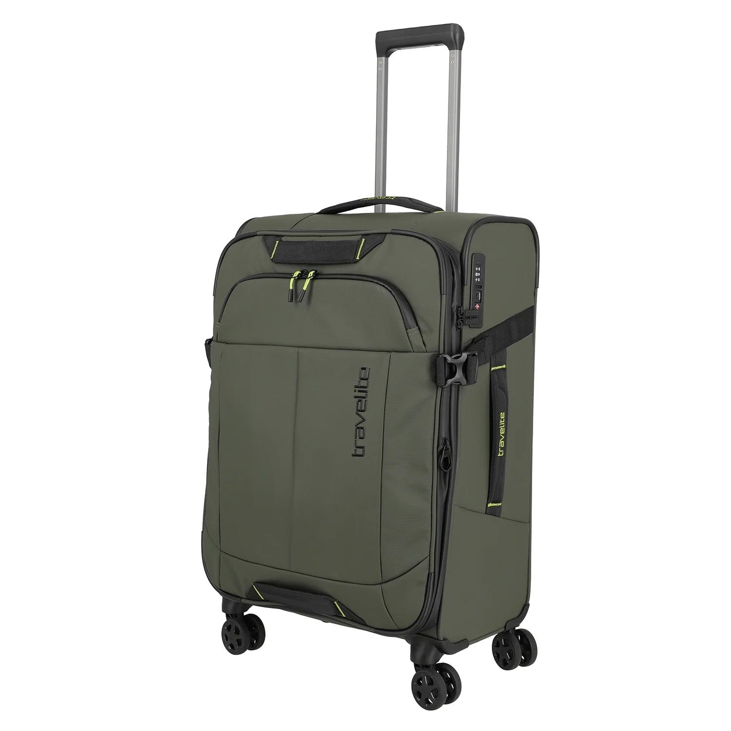 Travelite Briize 4-Rollen Trolley M 67 cm in Khaki - Frontansicht mit Teleskopgriff