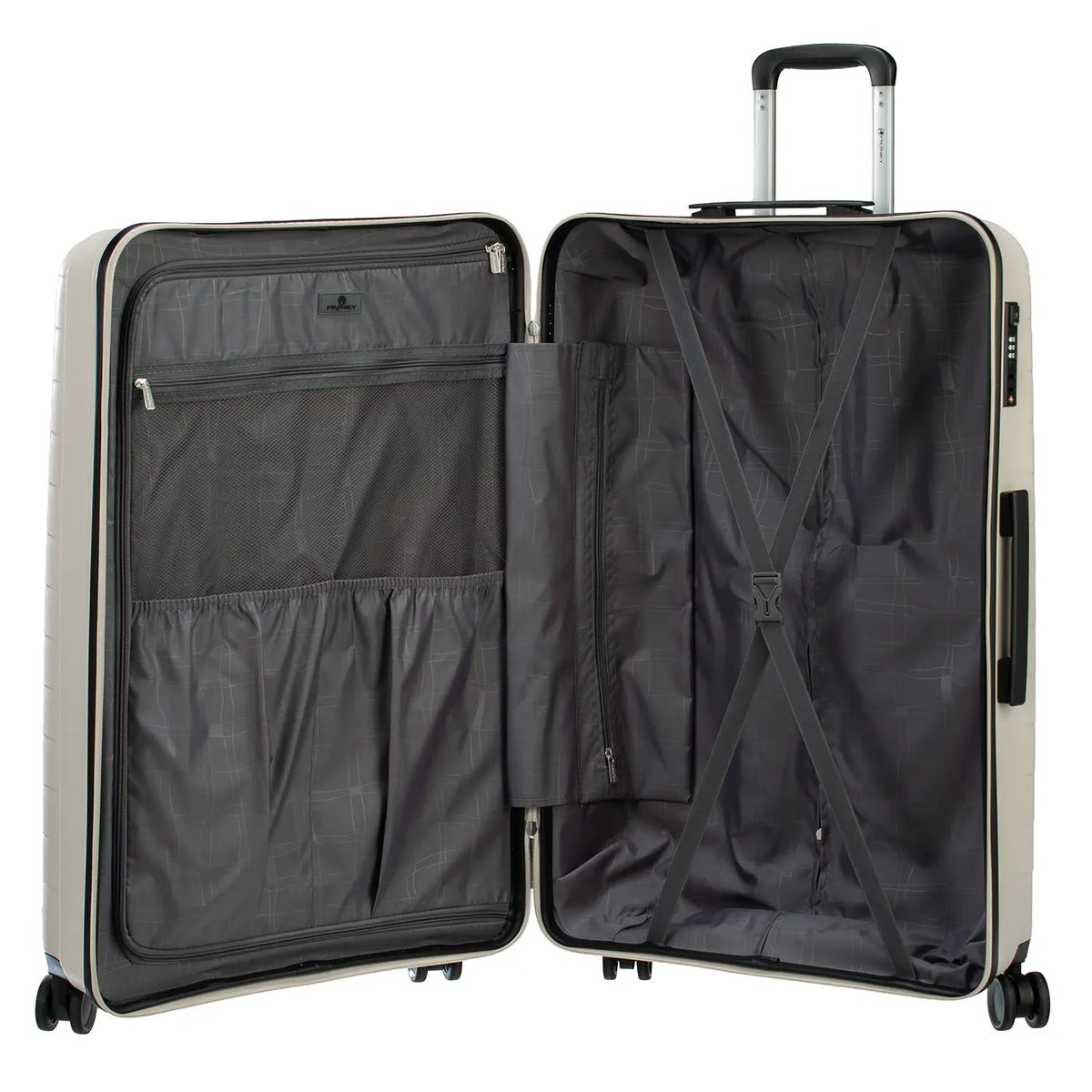 PP15 4-Rollen Trolley L Light Beige - Geöffneter Koffer zeigt geräumiges Innenfach mit Packgurten