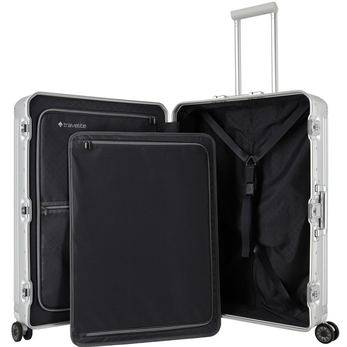 Großer geöffneter Aluminium Koffer von Travelite mit herausnehmbarer Packplatte wie bei Rimowa Koffern