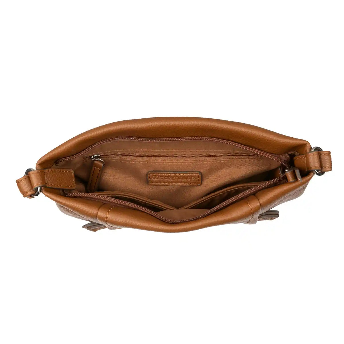 Tom Tailor Beca Cross Bag M Cognac geöffnet mit Innenfächern und Stauraum