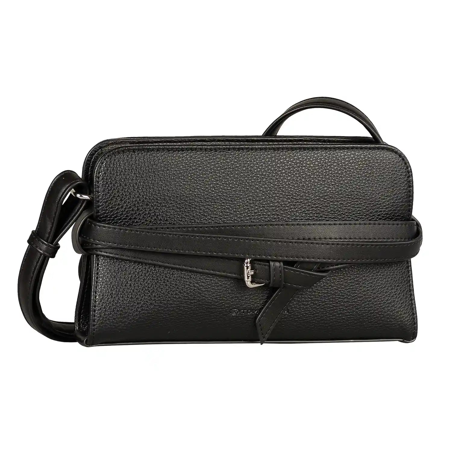 Tom Tailor Freya Cross Bag S 25 cm Schwarz – Vorderansicht mit Logo und hübscher Lederschnürung