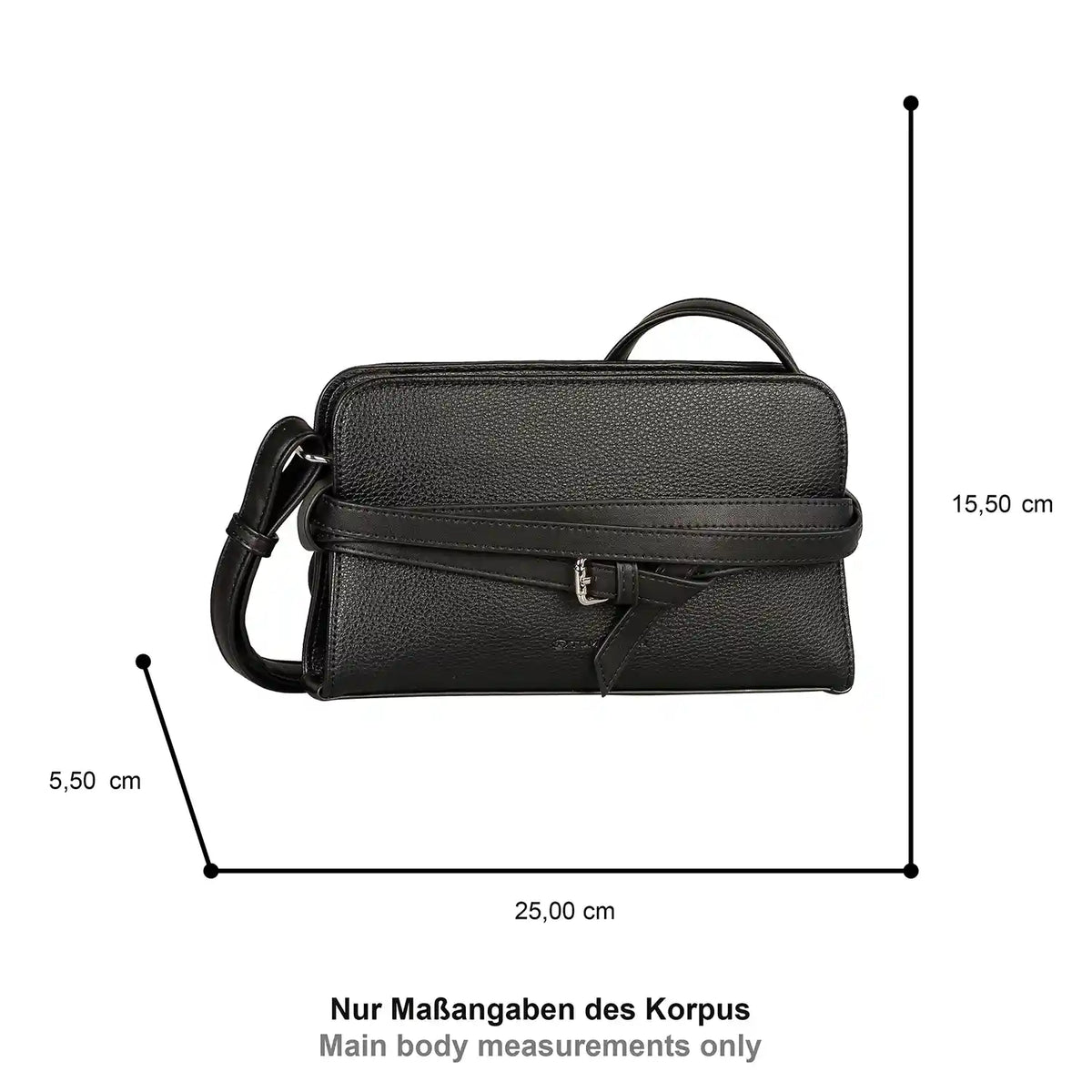 Tom Tailor Freya Cross Bag S 25 cm Schwarz – Frontansicht der Tasche mit Maßangaben des Korpus