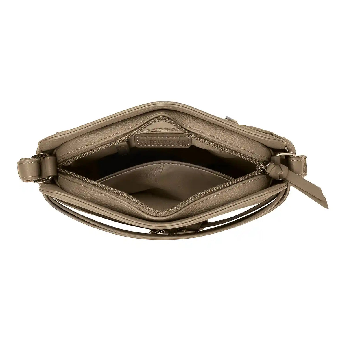 Innenansicht der Tom Tailor Freya Cross Bag S Taupe mit Hauptfach und kleinen Steckfächern