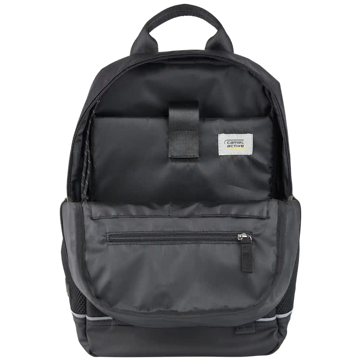 Innenansicht des Camel Active Connect Backpack S 39 cm Schwarz mit gepolstertem Laptopfach und Organize