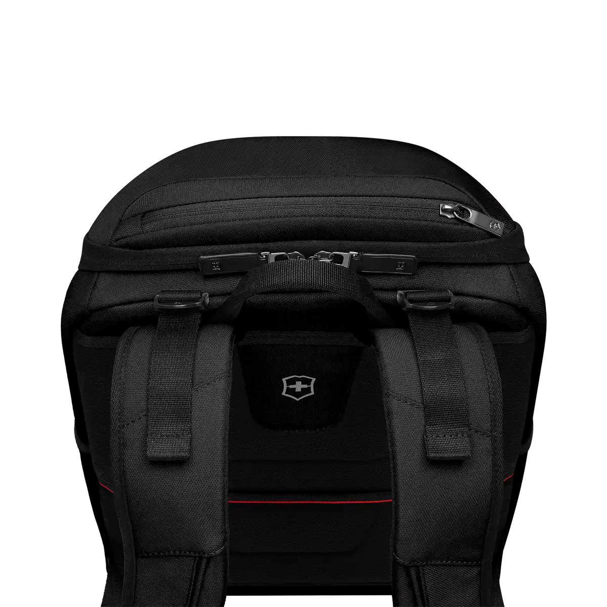 Detailaufnahme des Griffes und hochwertiger Reißverschlüsse am Altmont Modern Commuter Backpack Schwarz