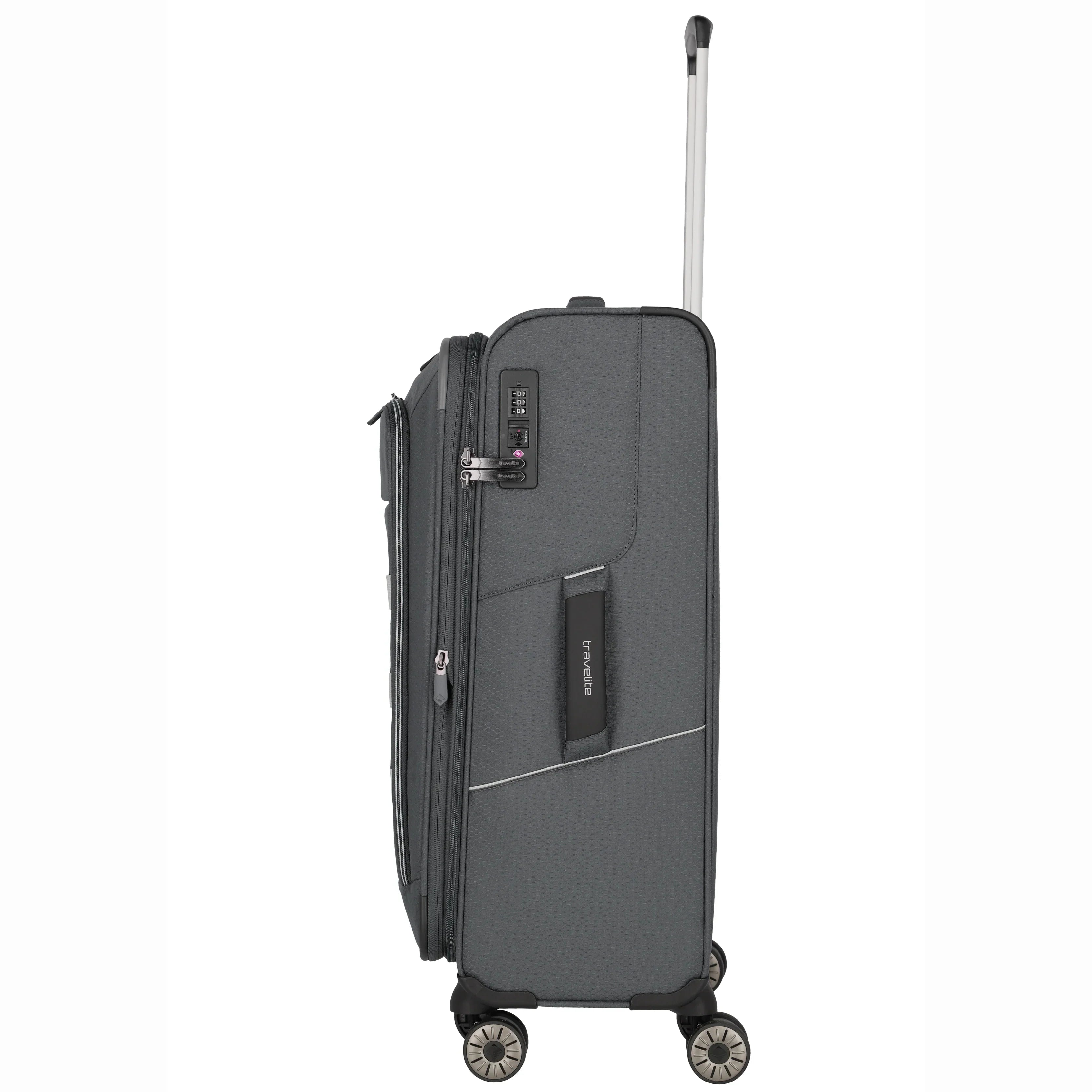 Travelite Skaii 4-Rollen Trolley 67 cm - grau - Seitenansicht, TSA Schloss