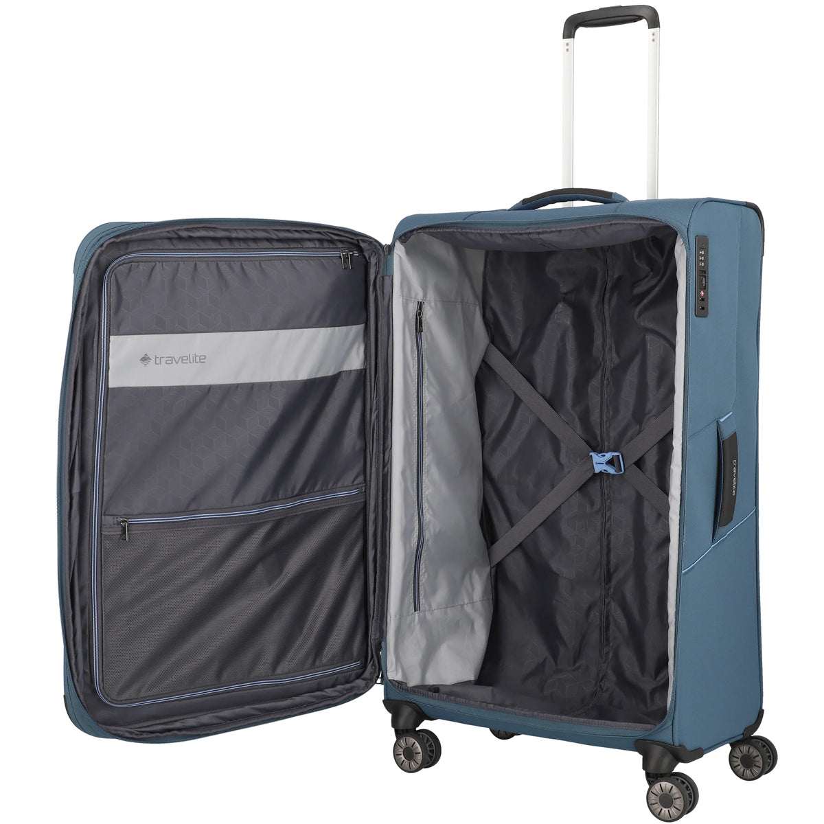 Travelite Skaii 4-Rollen Trolley 78 cm - blau - geöffnet, Seiteneinteilung.