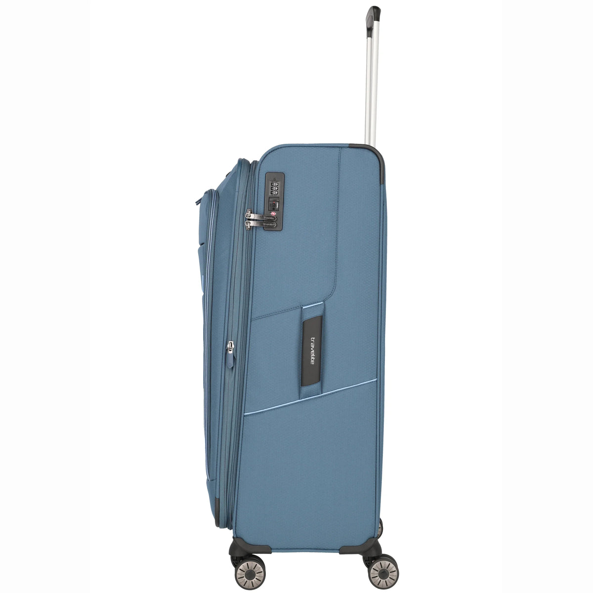 Travelite Skaii 4-Rollen Trolley 78 cm - blau - Seitenansicht mit TSA Schloss