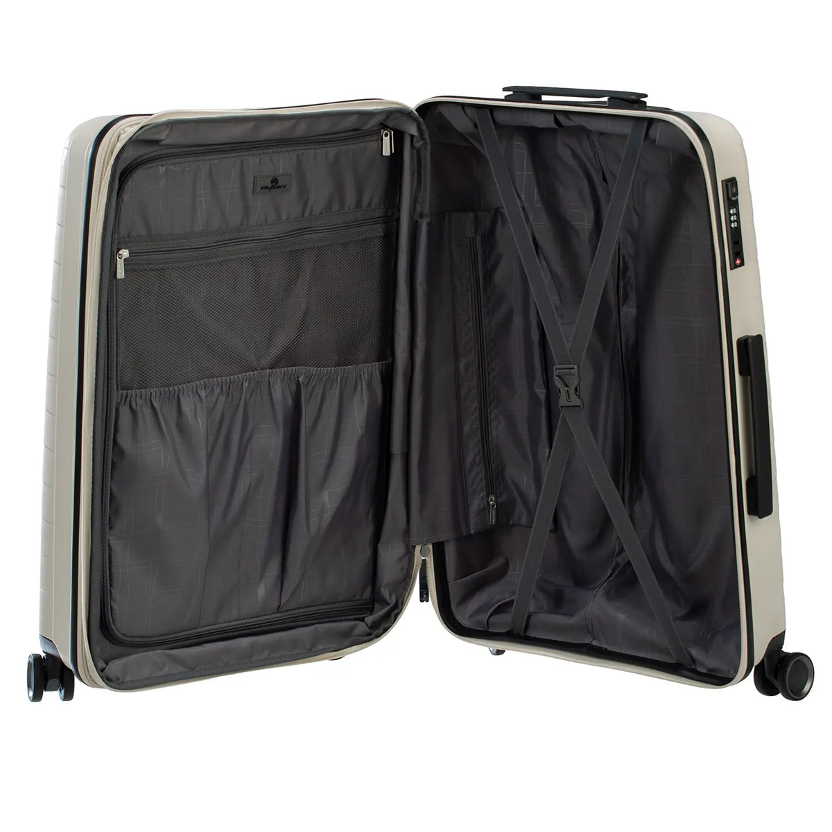 PP15 4-Rollen Trolley M 68 cm - Geöffneter Trolley zeigt Innenfächer mit Packgurten und Organisation