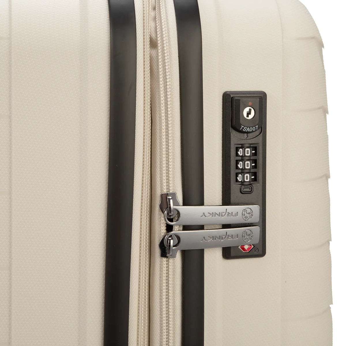 PP15 Hartschalenkoffer L Light Beige - Detailansicht mit TSA-Zahlenschloss und robustem Reißverschluss