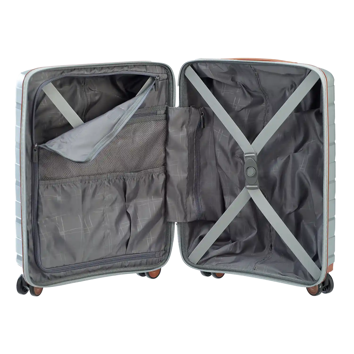 Innenansicht koffer-direkt.de PP21 4-Rollen Handgepäckkoffer – cleveres Packsystem mit Trennwänden und Gurten